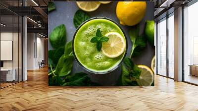 Top view of a healthy green smoothie or shake on countertop Wall mural