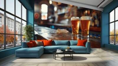 Two cold pints of beer at a lively bar Wall mural