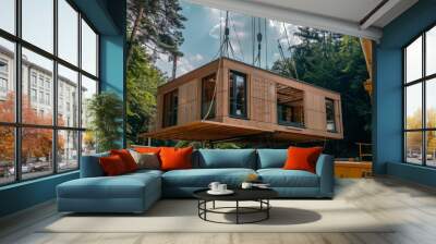 Wooden building module raised by crane Wall mural