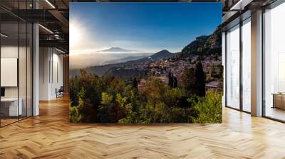 Sunset on Taormina town in Sicily Wall mural