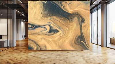 Abstract fluid art background navy blue and golden colors. Liquid marble. Acrylic painting with beige gradient. Wall mural