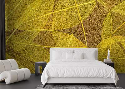 Background from artificial autumn yellow leaves, closeup. Golden leaf texture, nature plant fall backdrop. Wall mural