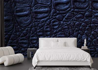 Navy blue leather texture background, closeup. Reptile skin, macro. Wall mural