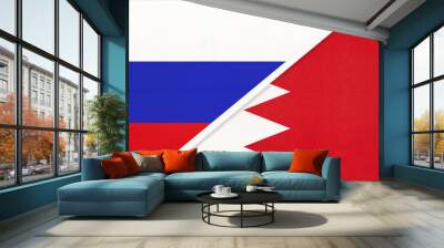 Russia vs Kingdom of Bahrain national flag from textile. Relationship and partnership between two countries. Wall mural