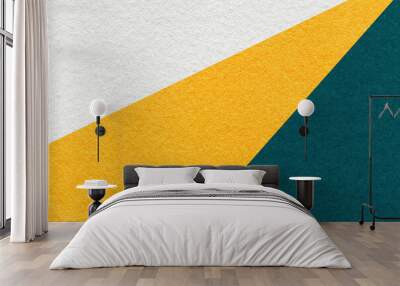 Texture of old craft white, yellow and emerald color paper background, macro. Vintage abstract teal cardboard Wall mural