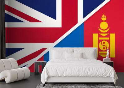 United Kingdom vs Mongolia national flag from textile. Relationship between two european and asian countries. Wall mural