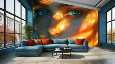 A cinematic portrait of a woman with abstract lighting effects creating smooth transitions of light and shadow on her face. Soft, artistic tones enhance the mood. Wall mural