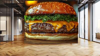 A close-up of a juicy burger, with melted cheese and crisp lettuce, captured in high definition, with a vibrant background. Wall mural