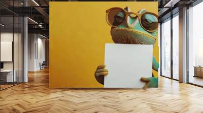 A chameleon in sunglasses on a uniform background, holding an empty advertising, white poster Wall mural