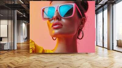 A fashionable woman in large sunglasses, a summer background in bright retro colors Wall mural