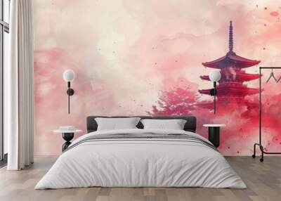 A pagoda in watercolor style on an light abstract paint background Wall mural