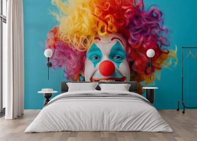 A smiling clown with a red nose and a multicolored wig on a uniform background. Wall mural