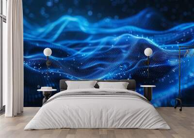 Abstract blue technological background with dynamic digital waves. Wall mural