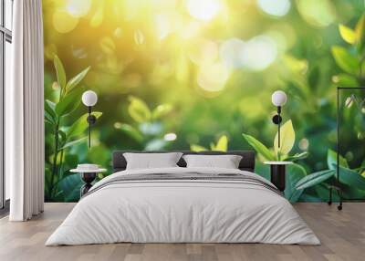 Beautiful natural spring summer defocused background with fresh lush foliage and bokeh in nature. Wall mural