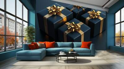 Black gift boxes placed on a dark background. An advertising poster Wall mural