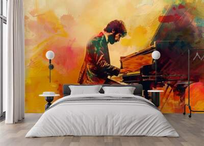 Classical musician, pianist playing piano in vintage abstract style, watercolor poster. Wall mural