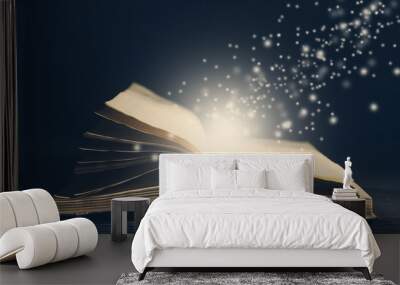 Old book opened  and light particles on dark bg photo Wall mural