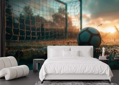 The soccer ball is lying next to the goal net Wall mural