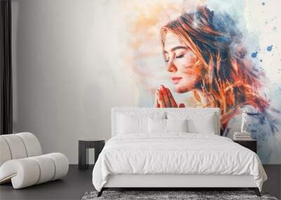 Watercolor image of a young beautiful praying woman on a white background. Wall mural