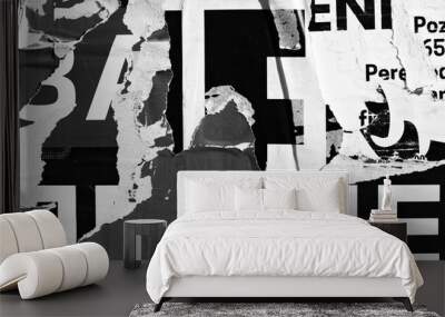 Old grunge ripped torn vintage collage posters creased crumpled paper surface texture background backdrop placard black white Wall mural