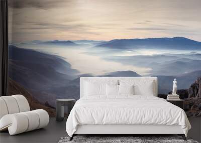 Panorama of Dry mountain (Suva planina) in Serbia, valley filled with thick fog, rocky foreground and colorful sunrise sky Wall mural