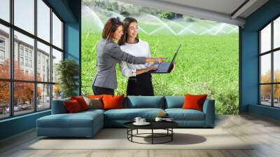 Business women with a laptop in a field with agriculture irrigation system. Wall mural