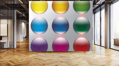 Abstract vector web buttons set of 9. Isolated with realistic, transparent glass shine and shadow on the light background. Vector illustration. Eps10. Wall mural