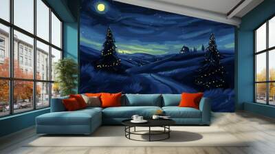 A serene landscape painting of a moonlit road bordered by lush trees under a bright full moon. Wall mural