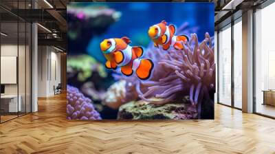 Beautiful colorful sea fish live in an aquarium among various algae and corals. Rare fish species in the aquarium. Red Amphiprion Clown fish. Generative AI. Wall mural