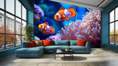 Beautiful colorful sea fish live in an aquarium among various algae and corals. Rare fish species in the aquarium. Red Amphiprion Clown fish. Generative AI. Wall mural