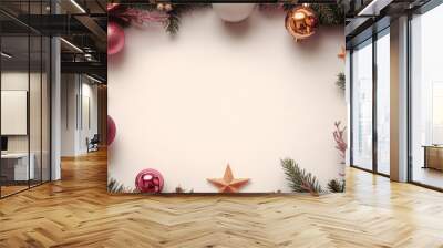 Christmas background with decorations along the edges. Christmas tree branches, gold glitter balls, stars, and garland. Flat lay, top view on a dark background with copy space. Wall mural