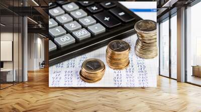 Close up of a calculator and coins on a business background Wall mural