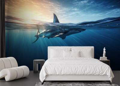 Dangerous toothy shark swims underwater in the sea in search of a victim. Predator in the wild in the ocean. The fin sticks out above the surface of the water. Generative AI. Wall mural