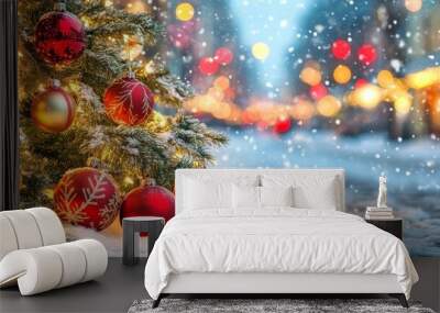 Decorated Christmas tree with ornaments and glowing lights on a snowy street, with festive blur bokeh in the background. Snow is gently falling at twilight. Wall mural