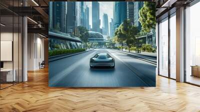 Futuristic car speeding through urban landscape Wall mural