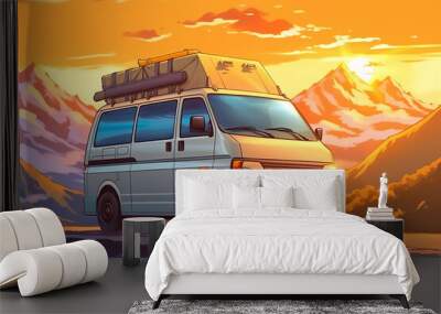 Generative AI Family vacation travel RV, holiday trip in motorhome. Camper in a scenic mountain location at sunset. Alternative vanlife vacation concept. Wall mural