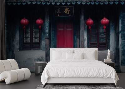 Red door flanked by two lanterns on building facade, evoking classic charm and inviting entrance. Wall mural