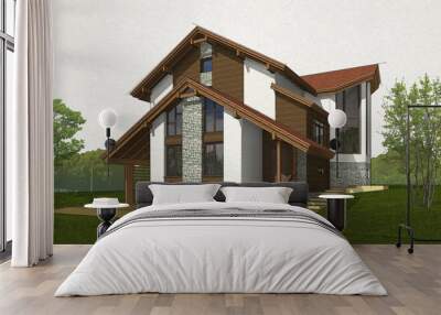 sketch brick and timber house with a red roof Wall mural