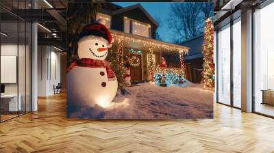 Snowman with festive lights outside house at dusk Wall mural