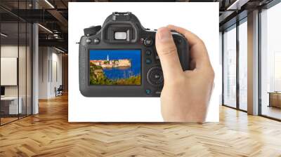 Hand with camera and Budva Montenegro image (my photo) Wall mural