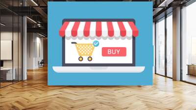 Online shopping concept with open laptop and online shop Wall mural