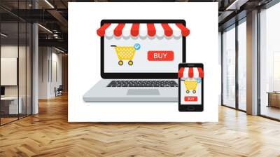 online shopping concept with open laptop and smartphone Wall mural