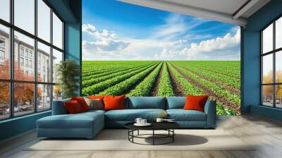 Vibrant green crop rows under blue sky. Wall mural