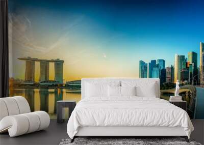 Beautiful sunrise at Marina Bay with a panoramic view of the Marina Bay Sands hotel and the skyline of the financial district in Singapore  Wall mural