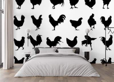 SVG Black silhouettes of roosters and hens on a white background	 Wall mural