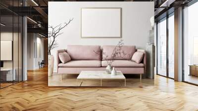 Interior poster mock up with metal frames, pink sofa, in living room with white wall. 3D rendering, 3D illustration. Wall mural