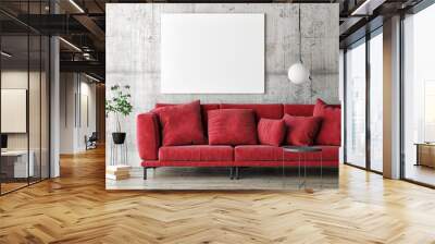 Mock up poster on gray wall, red modern furniture, minimal design, 3d render, 3d illustration Wall mural