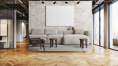 Mockup poster on the brick wall, Scandinavian Living room design, the poster on background, 3d render, 3d illustration  Wall mural