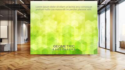 Geometric vector green background, hexagons and halftone gray dots. Brochure Template Wall mural