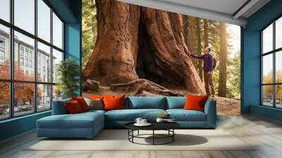 Hiker man in Sequoia National Park. Traveler male looking at the giant sequoia tree, California, USA Wall mural